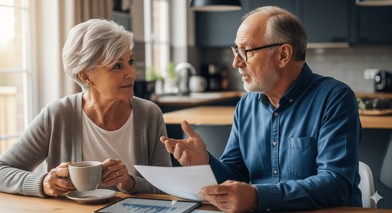 A cover photo of an older couple discussing financial documents at home, symbolizing the planning and importance of Social Security spousal benefits for retirement.