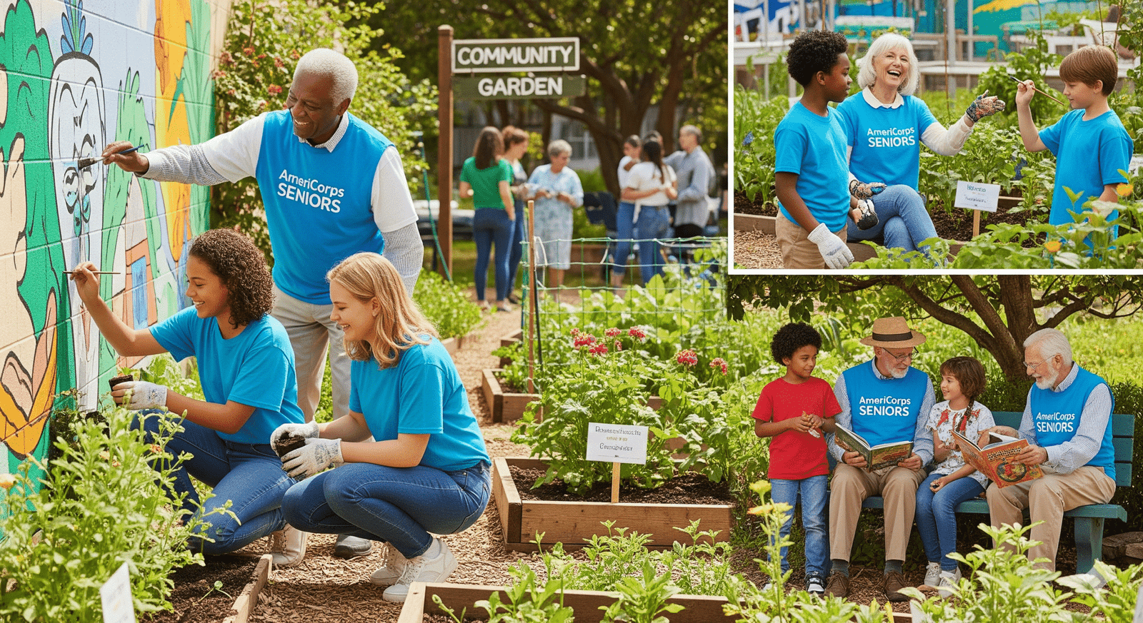 A photo showing diverse AmeriCorps Seniors volunteers engaging with younger people in a community garden, symbolizing how the program keeps older adults engaged and active.
