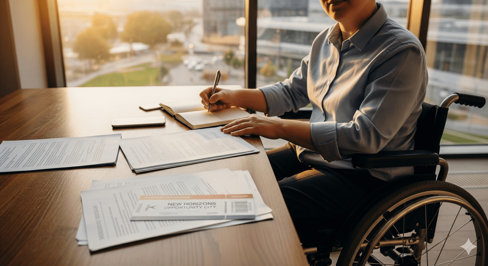 Realistic photo of a person with a disability sitting at a desk, reviewing official documents and a symbolic "Ticket to Work." This image represents recent changes and updates to the Ticket to Work program, conveying a sense of opportunity and a new beginning.