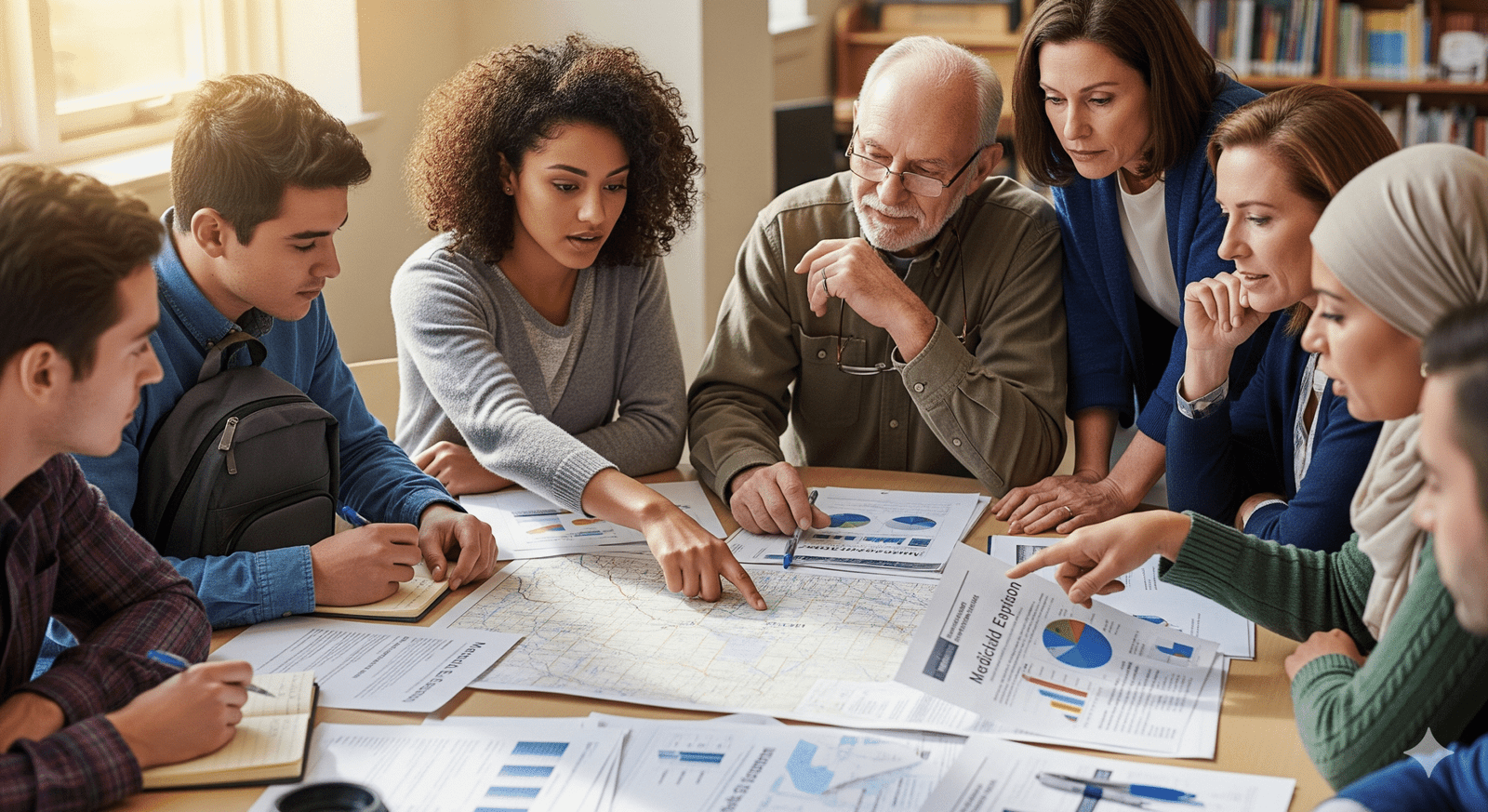 A realistic cover photo showing a diverse group of people discussing information about Medicaid, symbolizing the ongoing public interest and analysis of healthcare policy.