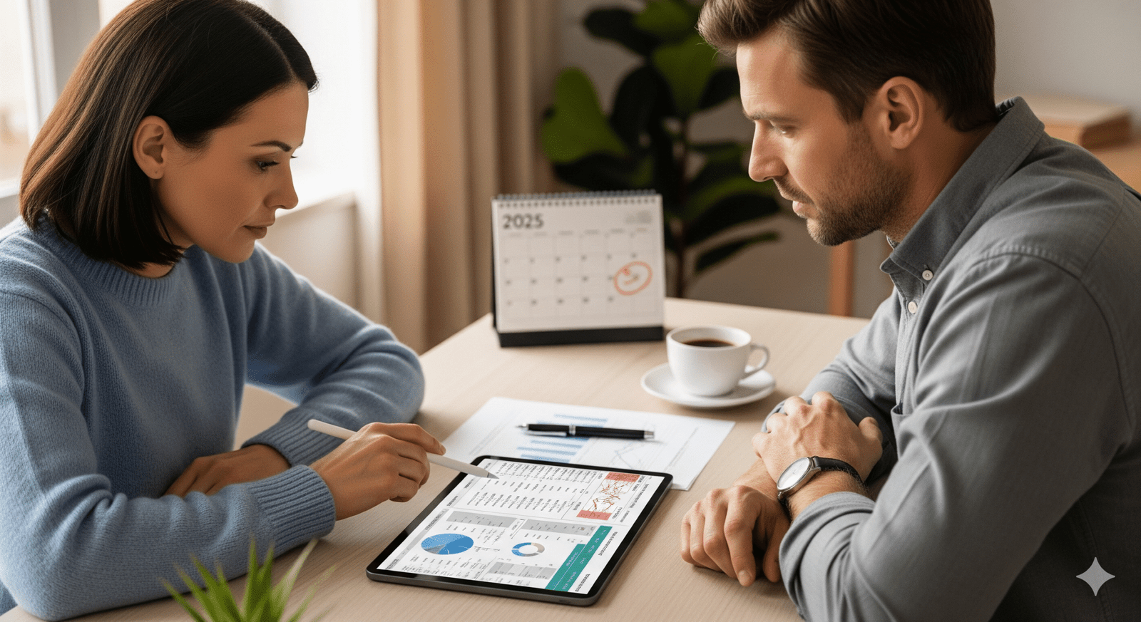 Realistic photo of a married couple reviewing financial documents on a tablet and a calendar showing 2025. This image represents the 2025 SSI resource limit for married couples, conveying a sense of teamwork and financial planning.