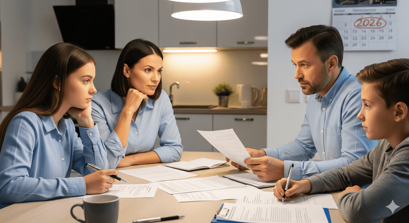 Realistic photo of a family looking at documents at a kitchen table, with a calendar showing 2026. This image represents the SNAP eligibility changes to expect in 2026, conveying a sense of hope and concern.