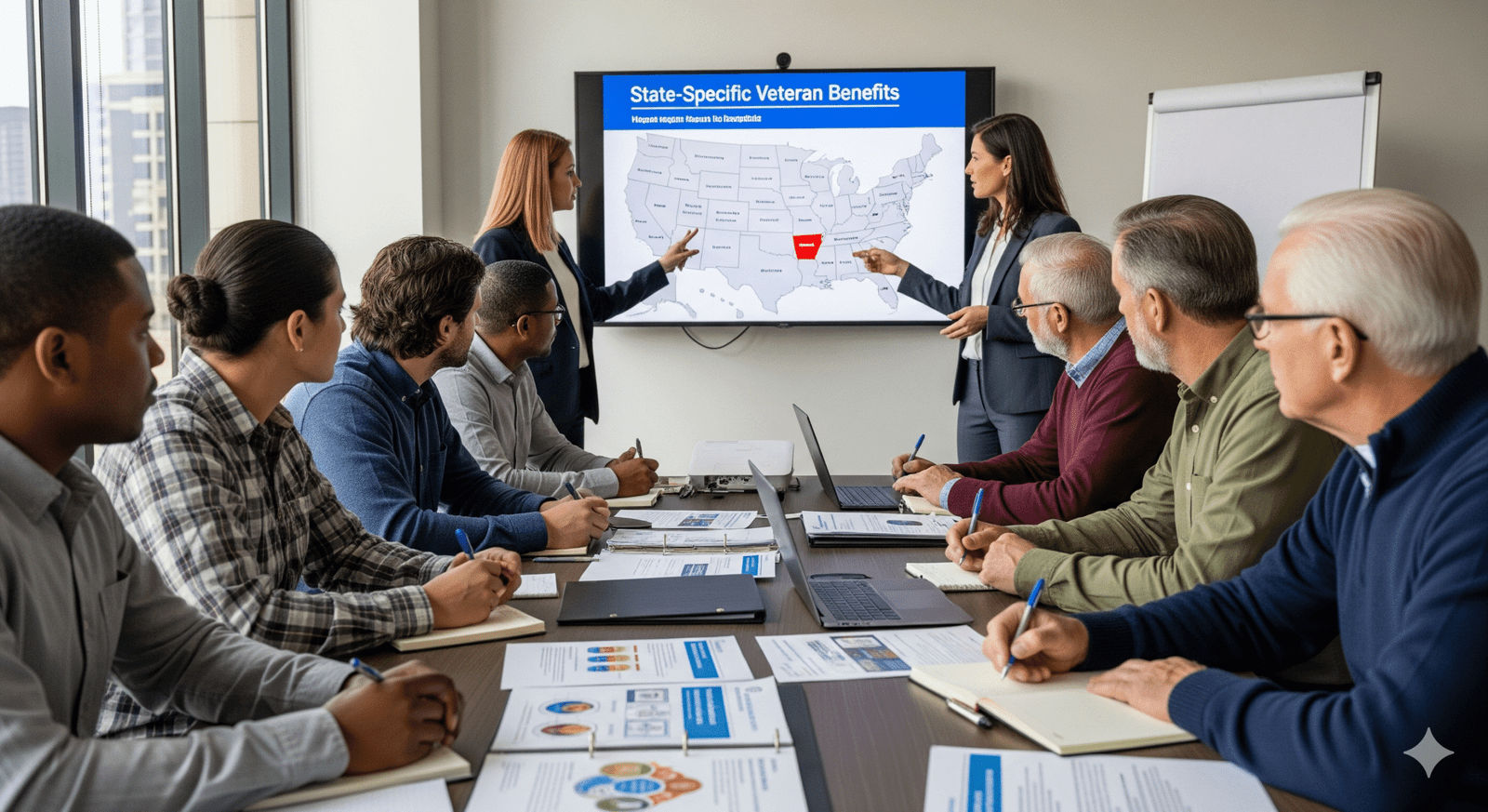 A realistic cover photo of a diverse group of veterans learning about state-specific benefits in a meeting, symbolizing the importance of maximizing available resources.