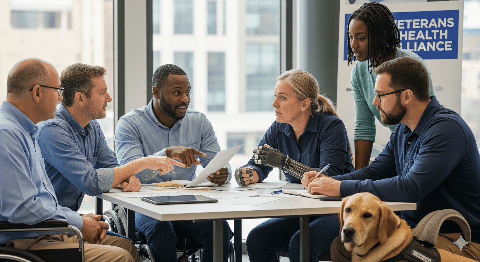 A realistic cover photo showing a diverse group of disabled veterans discussing their health insurance options, symbolizing the importance of access to healthcare.