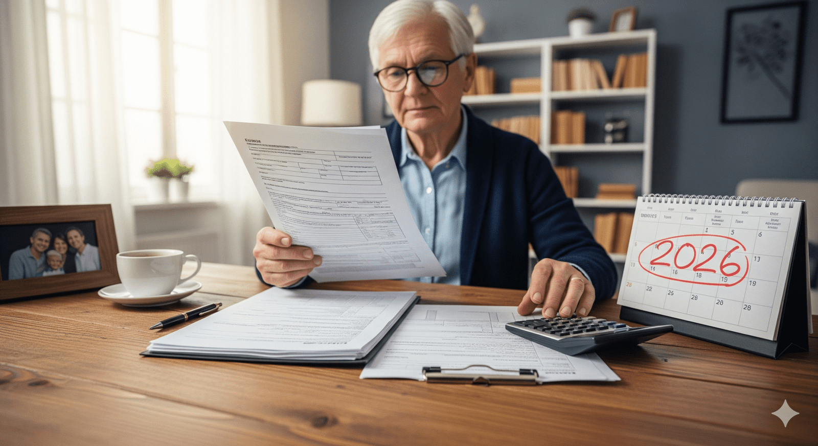 Realistic photo of a senior person sitting at a desk, reviewing documents and a calculator. A calendar is visible with the year 2026 circled. This image represents the 2026 Social Security COLA forecast, conveying a sense of financial planning and security.
