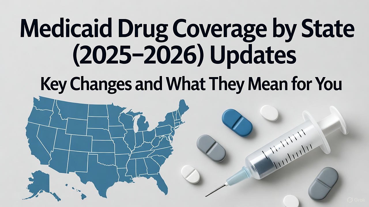 Infographic for 'Medicaid Drug Coverage by State (2025–2026) Updates' featuring a U.S. map, pills, and syringe, highlighting key changes and their impact, optimized for SEO.