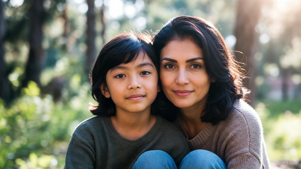A single mother and her young child sit closely together in a sunlit park, symbolizing FAFSA for single parents and which parent's income counts for financial aid eligibility.