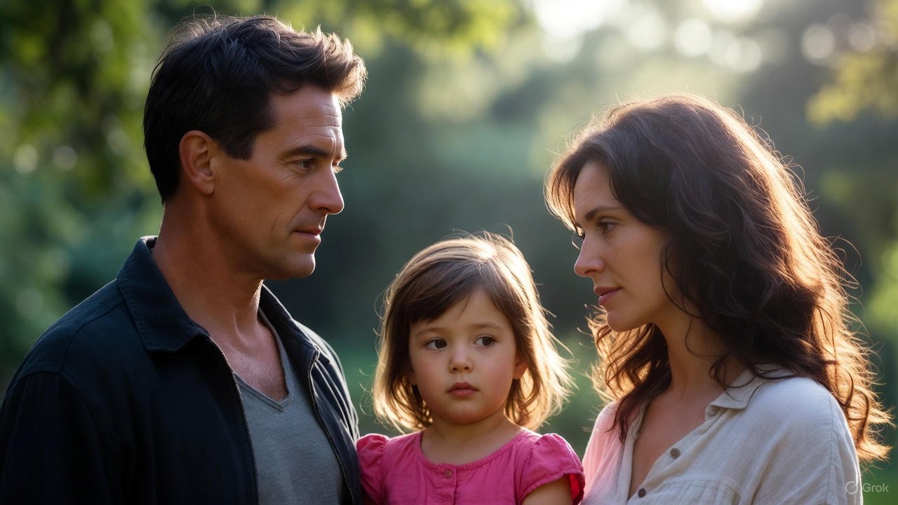 A separated couple stands with their young daughter in a sunlit park, illustrating custodial vs. non-custodial parent rules for claiming a child on taxes after a split.