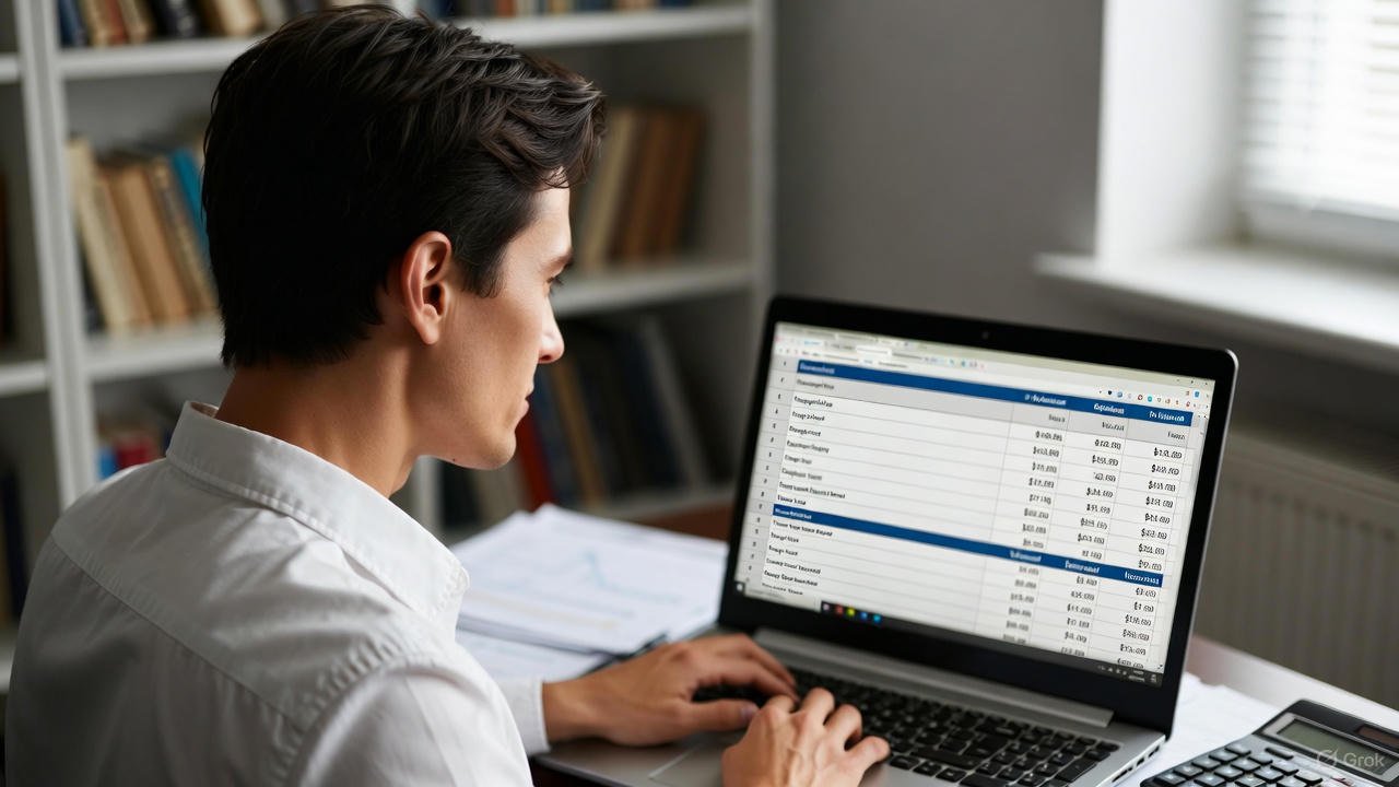 Person researching Medicare vs Medicaid vs VA home care costs on laptop with financial spreadsheet – 4K image for article "Paying for Home Care: Medicare vs Medicaid vs VA