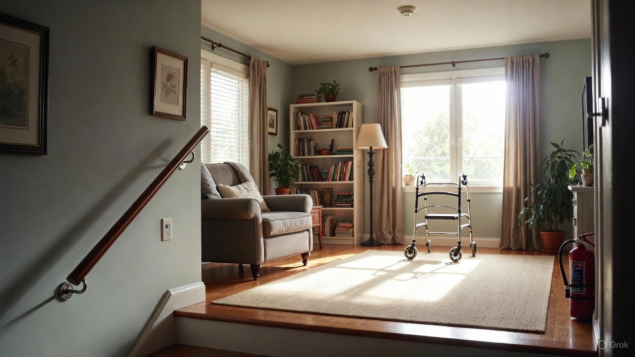 Home safety checklist for seniors on wooden table with pen, featuring 50 fall-proof fixes including grab bars, non-slip rugs, and better lighting – 4K image for article "Home Safety Checklist for Seniors: 50 Fall-Proof Fixes"