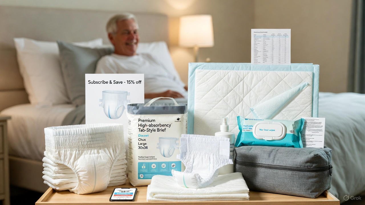 Smiling senior man relaxing on bed with a variety of incontinence supplies for seniors arranged on a wooden tray in the foreground – including beige pull-up underwear, tab-style briefs, disposable and reusable bed pads, flushable wipes, peri wash, discreet travel bag, Subscribe & Save 15% off card, and a smartphone showing a $10 coupon – highlighting smart buys and money-saving options for adult incontinence products.