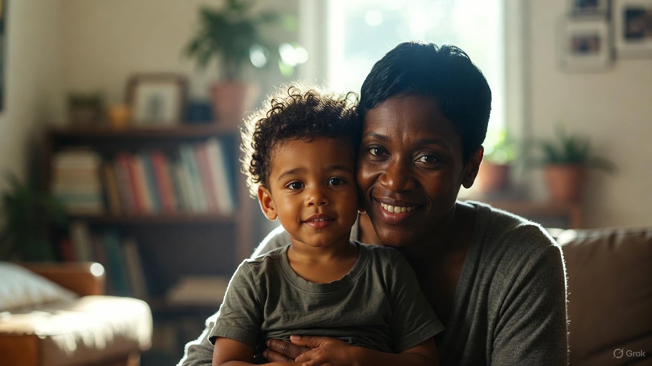 A smiling single mother holds her young child in a cozy home with bookshelves, representing SNAP benefits for single-parent households and essential tips before applying.