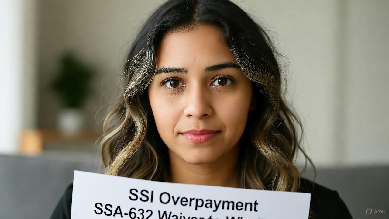 Young woman holding SSA-632 form for SSI overpayment waiver to win fast approval in 4K resolution
