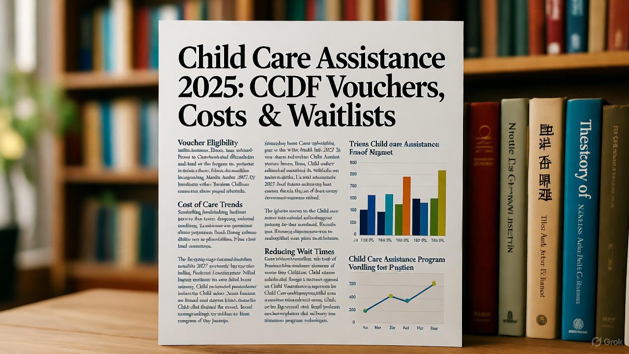 Child care assistance 2025 guide featuring CCDF vouchers, eligibility criteria, rising costs trends with bar graphs, waitlist reduction strategies, and program enrollment charts on a document against a bookshelf background for families seeking affordable childcare options.