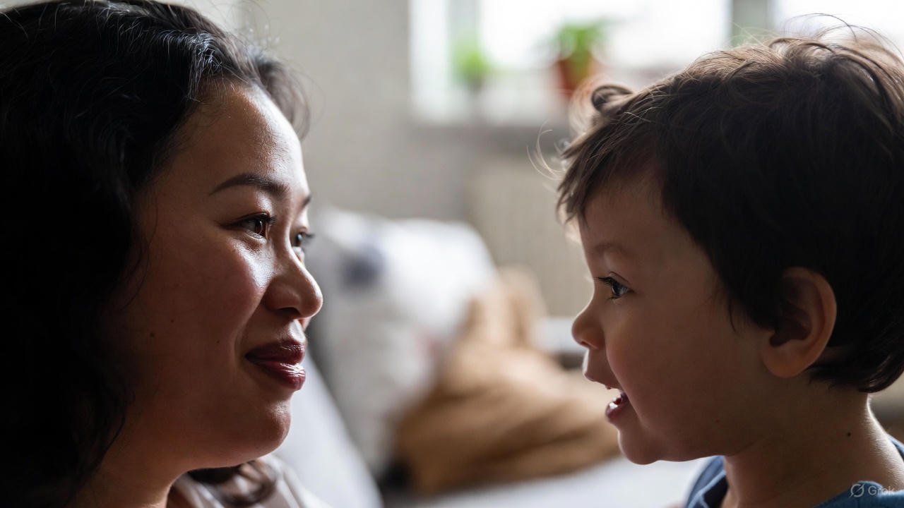 A close-up of a smiling single mother gazing lovingly at her young child, both facing each other in a warmly lit home setting with soft bokeh background, symbolizing family bonds for single parents exploring Head of Household tax status.