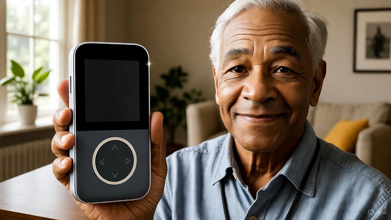 Smiling senior man holding best medical alert system with fall detection pendant for 2025 safety in 4K resolution