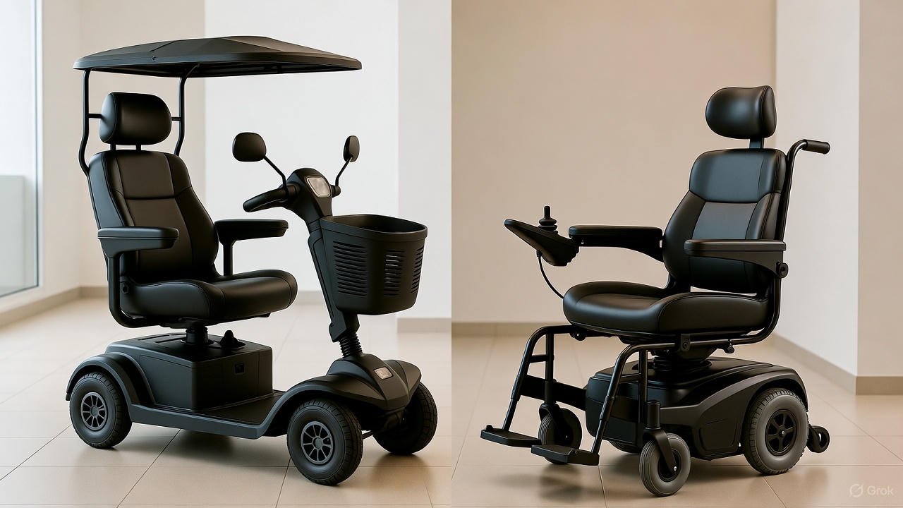 Black mobility scooter with front basket and tiller steering next to black power wheelchair with joystick control, side-by-side in a bright home interior – ideal comparison for choosing the best mobility aid for indoor use in 2025.