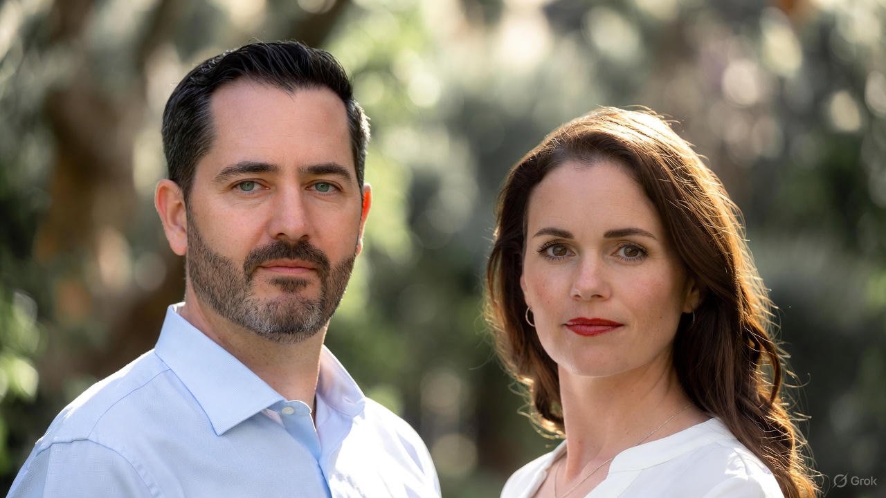 A divorced couple with shared custody stands side by side in a sunlit park, illustrating IRS rules on sharing tax credits in 50/50 custody arrangements.