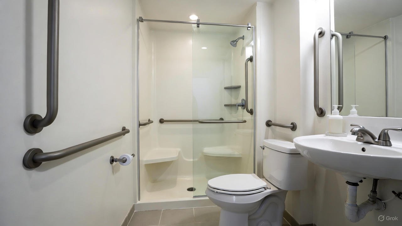 Modern senior-friendly bathroom with walk-in shower, built-in bench seat, multiple stainless steel grab bars, non-slip flooring, and glass enclosure – 4K image for article "Bathroom Safety for Seniors: Grab Bars, Seats, Non-Slip Fixes"