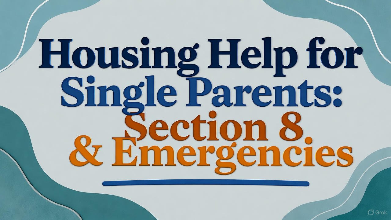 Housing help for single parents 2025: Section 8 voucher eligibility, emergency rental assistance programs, application tips, and waitlist strategies illustrated in a clean blue-orange title graphic for families facing housing insecurity.
