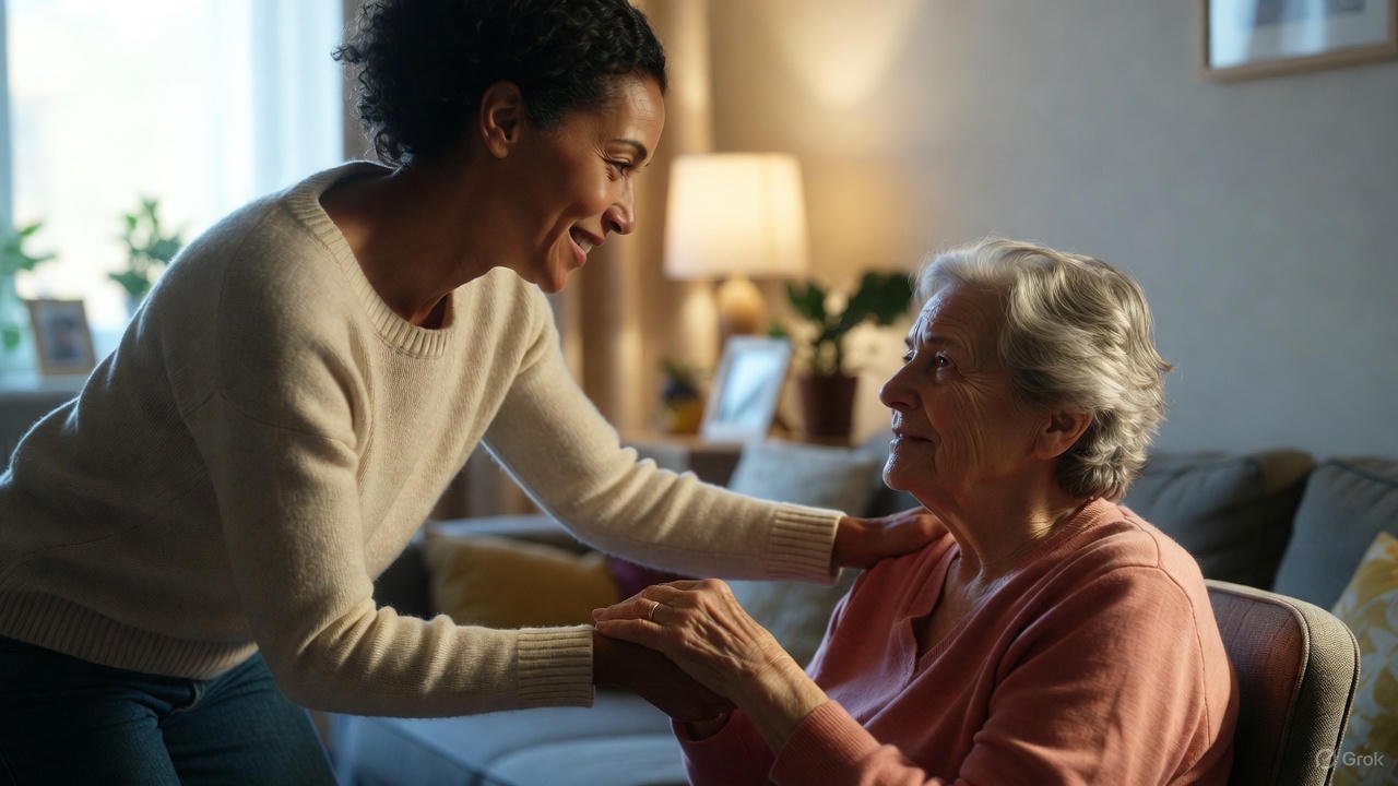 Smiling adult daughter gently holding hands with her elderly mother in a cozy living room, representing family caregivers providing loving home care for seniors and the possibility of getting paid through state Medicaid programs.
