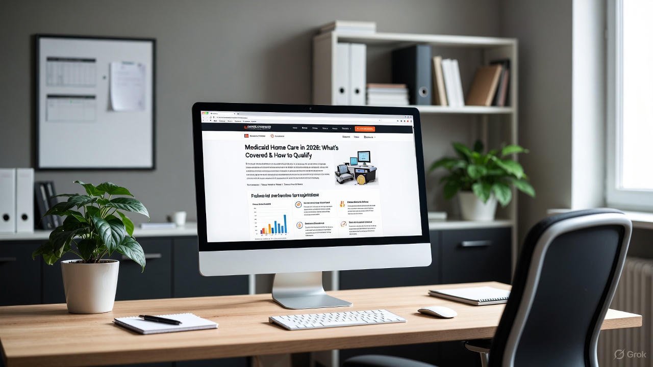 Modern home office desk with large monitor displaying 2026 Medicaid home care article titled 'Medicaid Home Care in 2026: What’s Covered & How to Qualify' – guide explaining covered services, eligibility requirements, and qualification steps for Medicaid home and community-based care