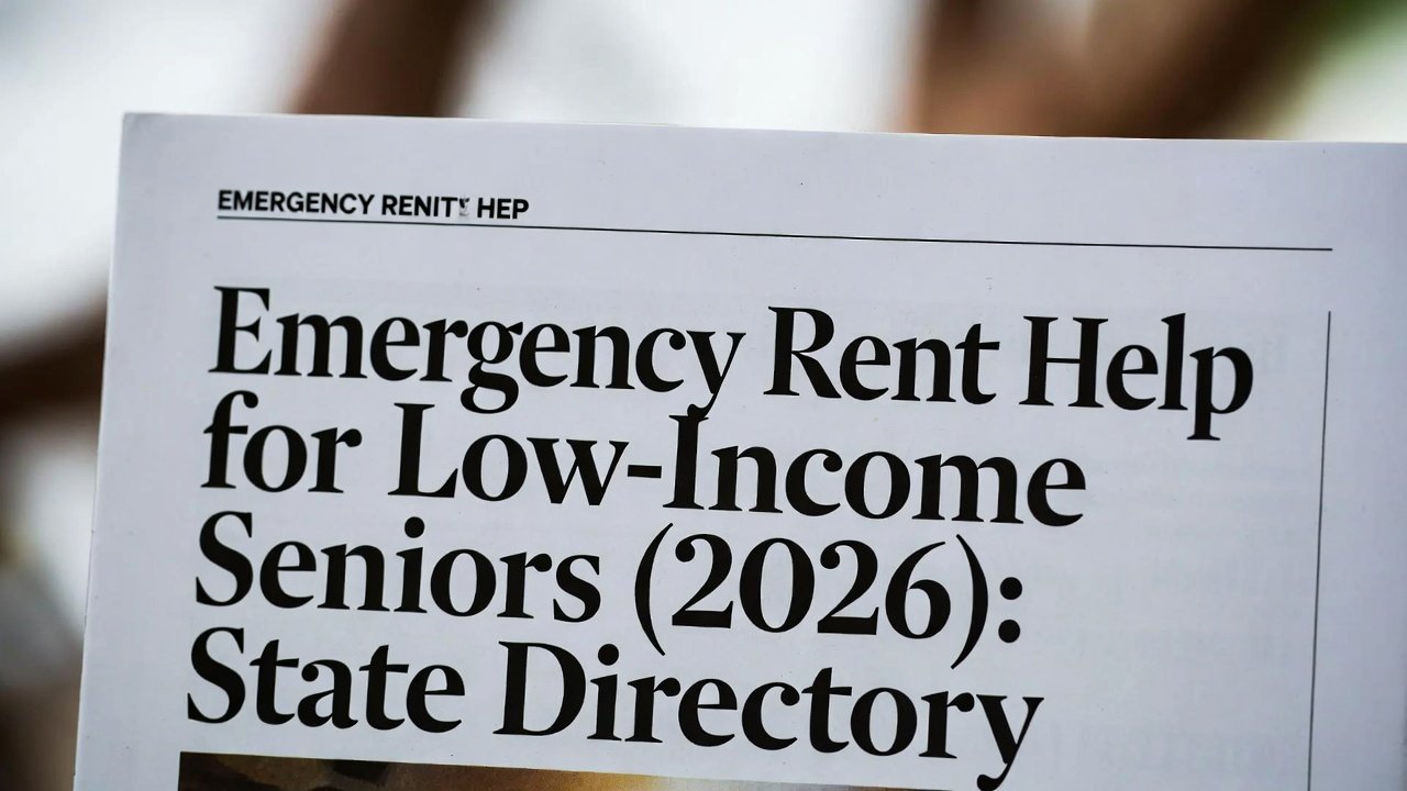 Magazine cover titled 'Emergency Rent Help for Low-Income Seniors (2026): State Directory' featuring state-by-state guide to emergency rental assistance programs for seniors