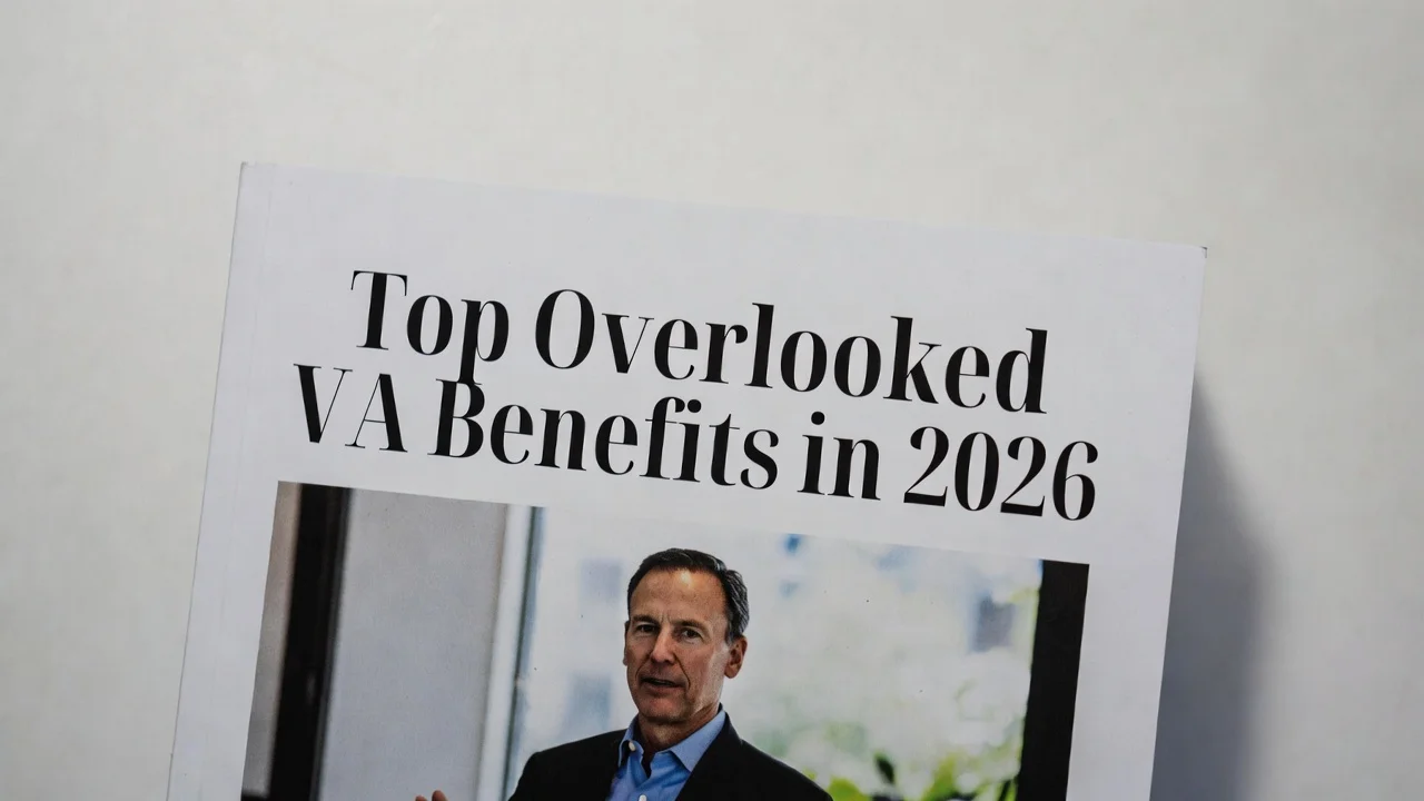 Close-up of printed article titled 'Top Overlooked VA Benefits in 2026' on veteran affairs benefits, VA disability compensation, and hidden VA perks for 2026